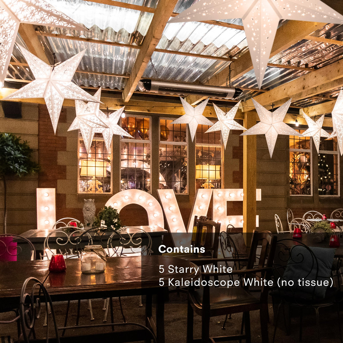 White Wedding Star Indoor Decoration Bundle - 10 Stars + 10m Festoon Lights