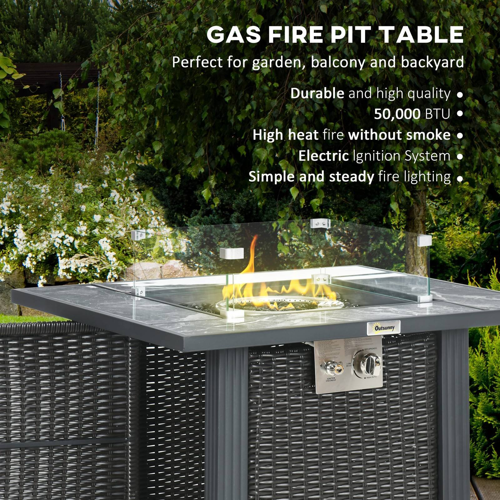 Black Outdoor Stylish Rattan Gas Powered Fire Pit Table