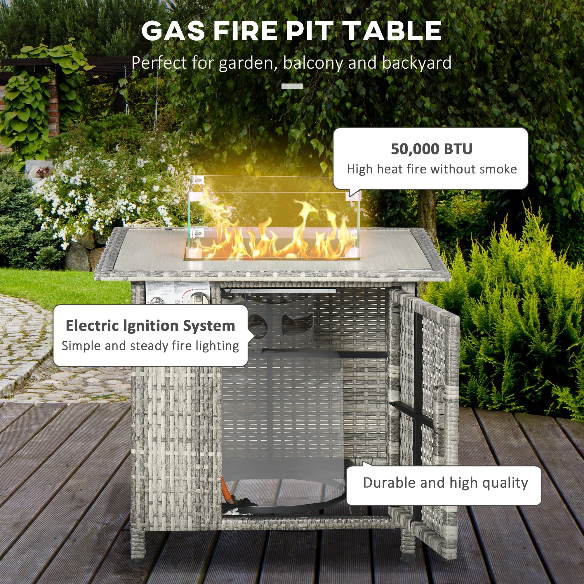 Grey Outdoor Stylish Rattan Gas Powered Fire Pit Table