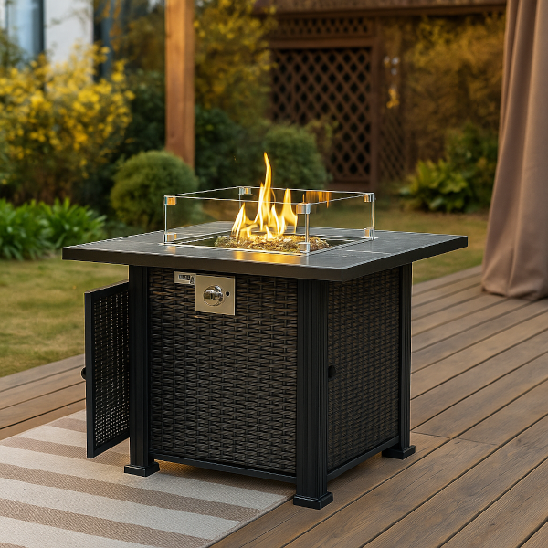Black Outdoor Stylish Rattan Gas Powered Fire Pit Table