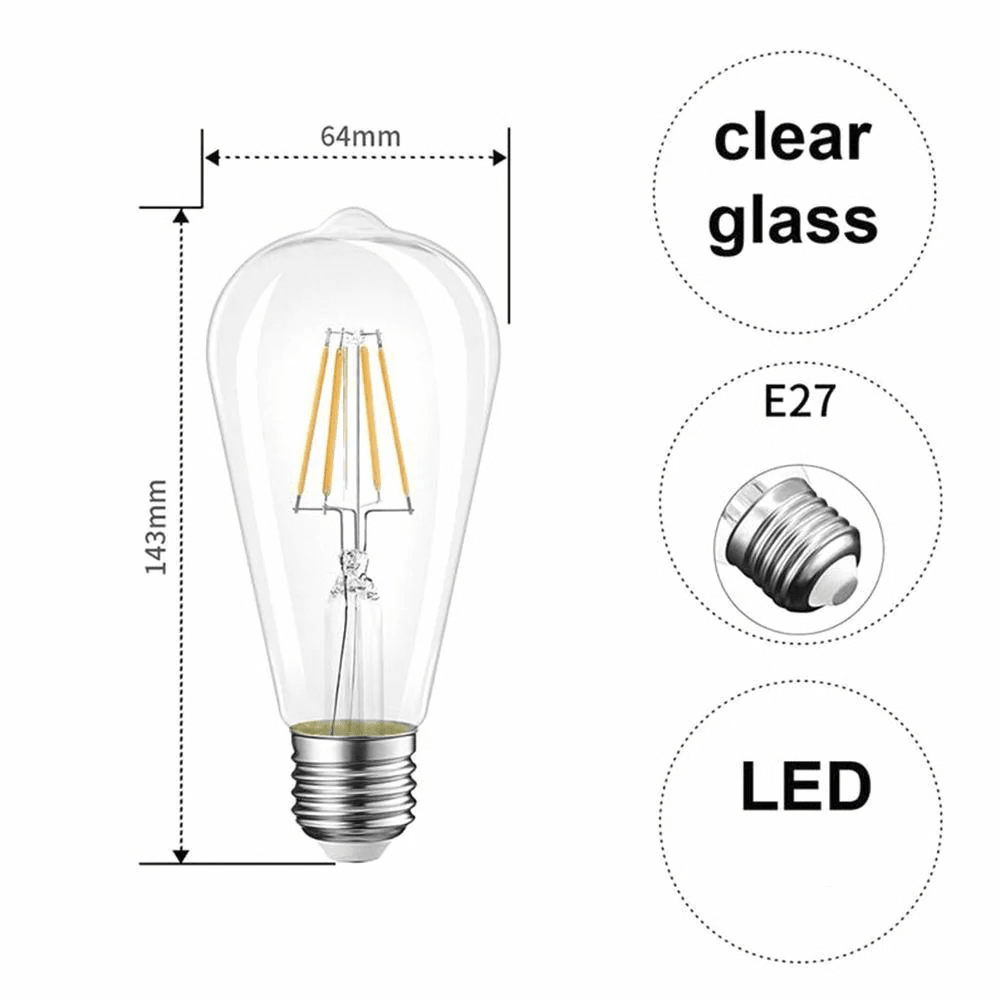 Twin Pack Large Vintage ST64 LED "Warm White" Filament Style Bulbs E27/6W - Lighting Legends