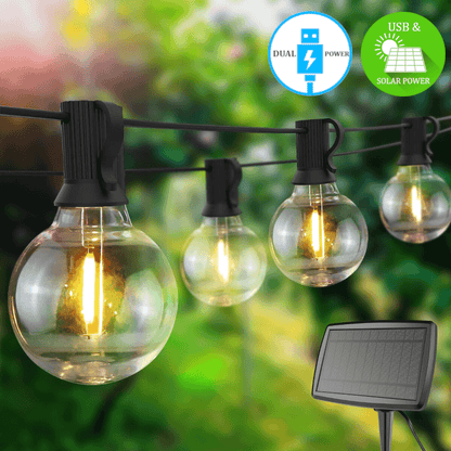 7.6M / 25FT LED Solar / USB Dual Power "Festoon" Globe String Lights - Lighting Legends